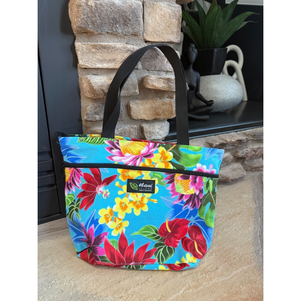 Nani Island Tropical Floral S Tote Bag Blue Hibiscus Made in Hawaii USA Canvas